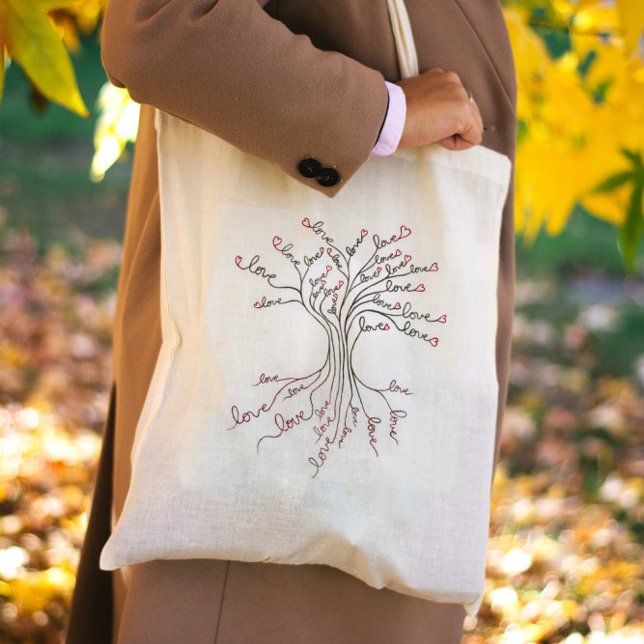Tote Bag Amour Arbre de Vie Art Blanc Noir Coeurs rouges mi (Créateur téléchargé)