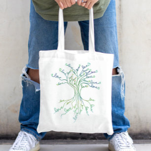Tote Bag Amour Arbre de Vie Art Blanc Turquoise Coeurs Bleu