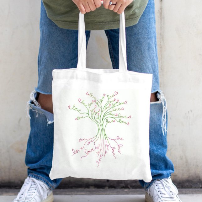 Tote Bag Amour Arbre de Vie Art Blanc Vert Coeurs roses mig (Créateur téléchargé)