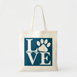 Tote Bag Amour blanc motif pattes de chien sur fond bleu sa