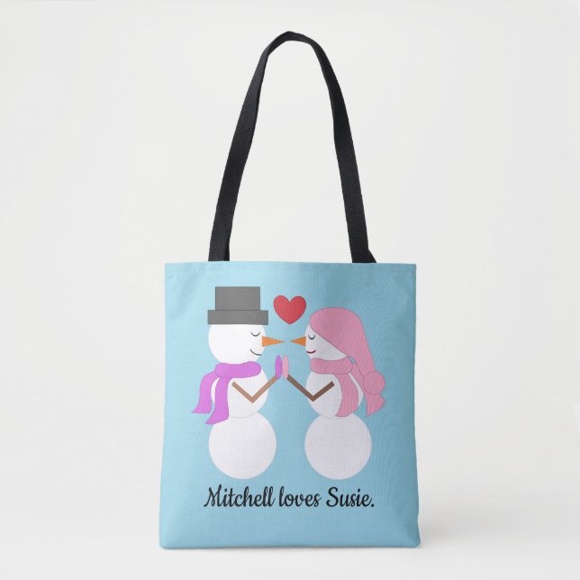 Tote Bag Amour & Bonhommes de neige : Bleu clair (Devant)