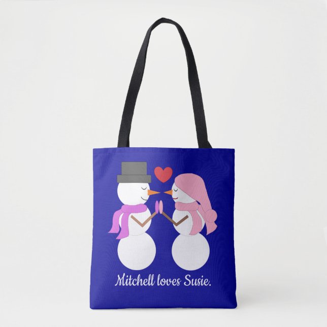 Tote Bag Amour & Bonshommes de neige : Bleu foncé (Devant)