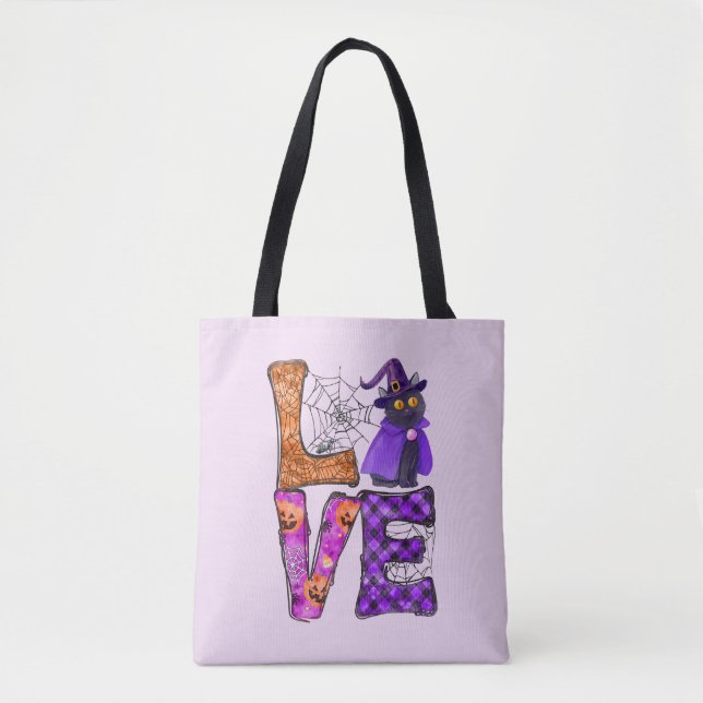 Tote Bag Amour - Chat noir sorcière (Devant)