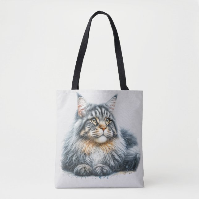 Tote Bag Amour de chat Maine Coon à l'aquarelle (Devant)