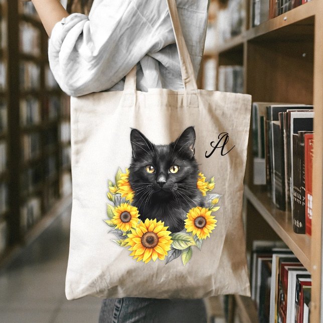 Tote Bag Amour de Chat Noir Tournesols Initiale (Créateur téléchargé)