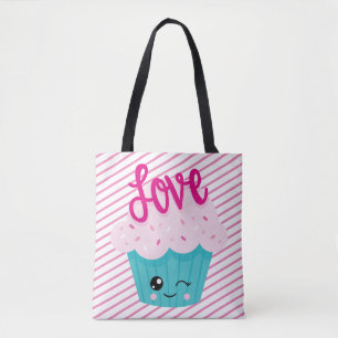 Tote Bag Amour de Cupcake Kawaii Rose Rayure Sarcelle Migno