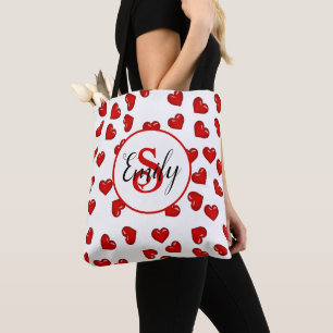 Tote Bag amour monogrammé Coeur rouge sur blanc