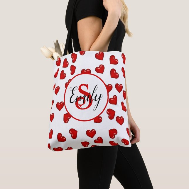 Tote Bag amour monogrammé Coeur rouge sur blanc (De près)