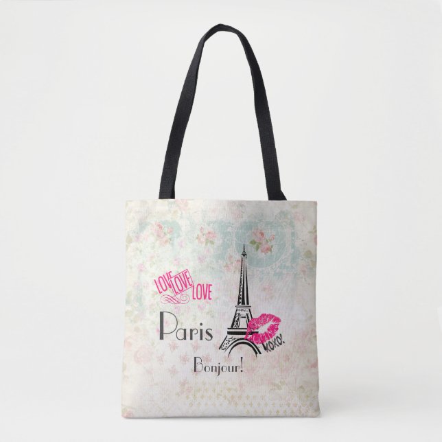 Tote Bag Amour Paris avec Tour Eiffel en Motif Vintage (Devant)