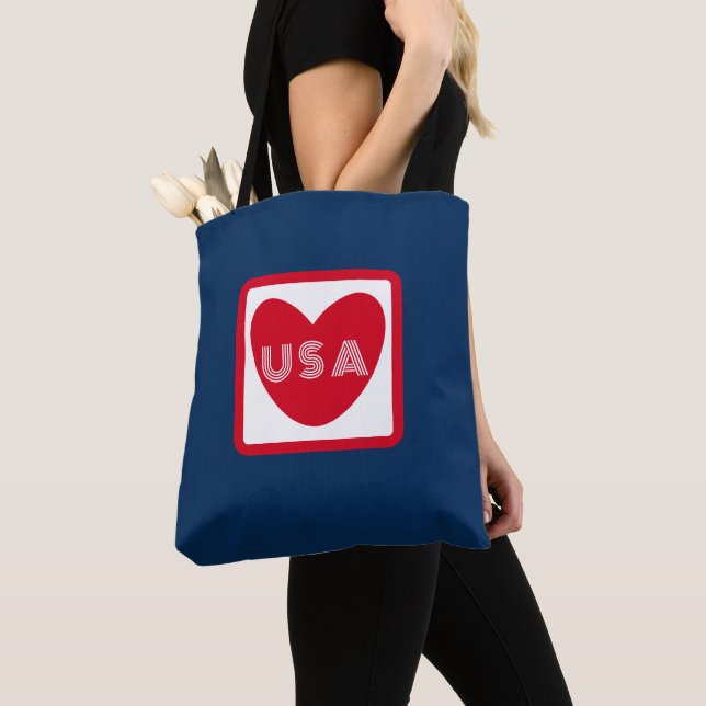 Tote Bag Amour USA Patriotique Rouge Bleu Bleu Simple Coeur (De près)
