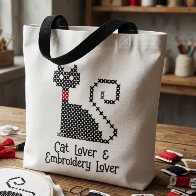 Tote Bag Amoureux de chat noir (Cat Lover & Embroidery Lover tote bag)