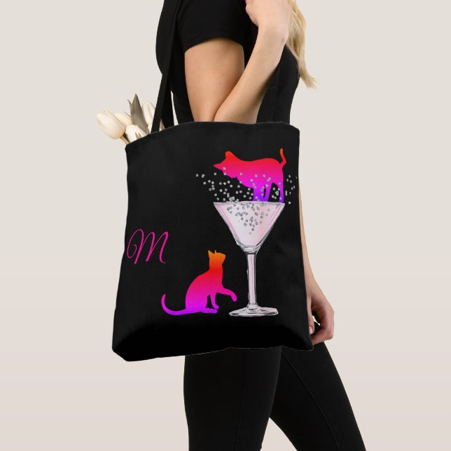 Tote Bag Amoureux des chats Black Cocktail Rose Moderne Mon (De près)