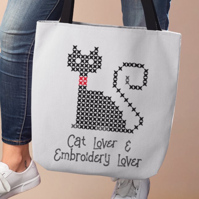 Tote Bag Amoureux des chats noir (Cat Lover & Embroidery Lover tote bag)