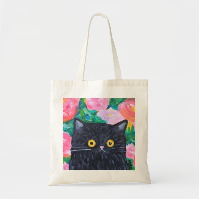 Tote Bag Amoureux des chats noir mignon Floral Chat Folk Ar (Devant)