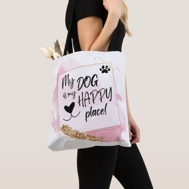 Tote Bag Amoureux des chiens personnalisé Happy Place Rose  (De près)