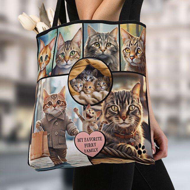 Tote Bag Amusant Collage Multi Photo Amateur de Chat (Tote bag featuring a collage of your favorite cat photos in different shapes with a heart)