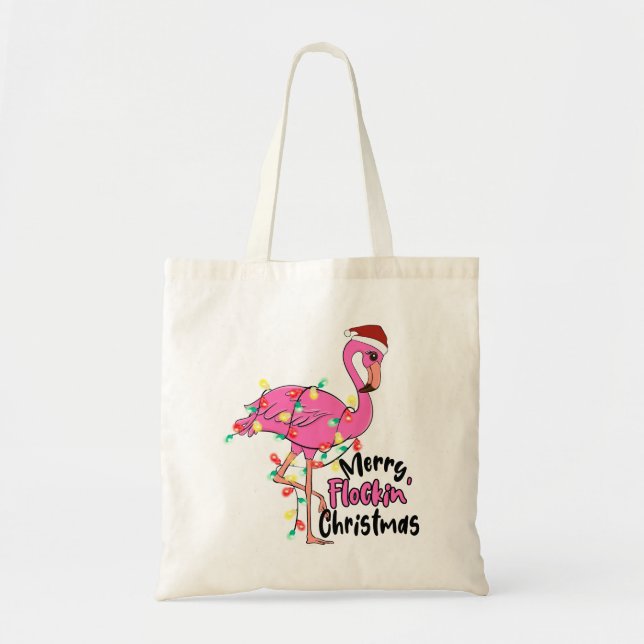 Tote Bag Amusant Joyeux Flamant rose de Noël Flockin (Devant)