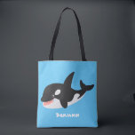 Tote Bag Amusante baleine orque mignonne dessin animé<br><div class="desc">Ce design mignon présente un joyeux tueur souriant qui souffle des bulles sur un arrière - plan bleu pour le plaisir!</div>