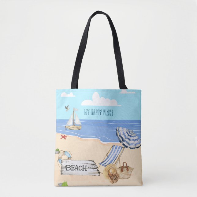 Tote Bag Amusement À La Plage Bleu Aqua Aquarelle Scène (Devant)