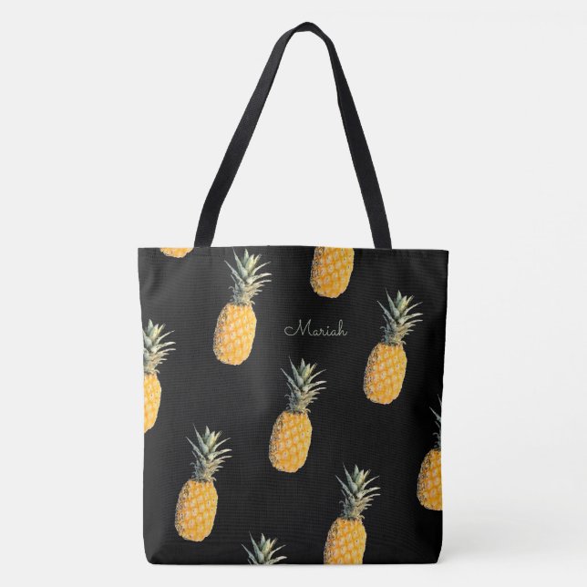 Tote Bag Ananas avec votre nom sur noir (Devant)