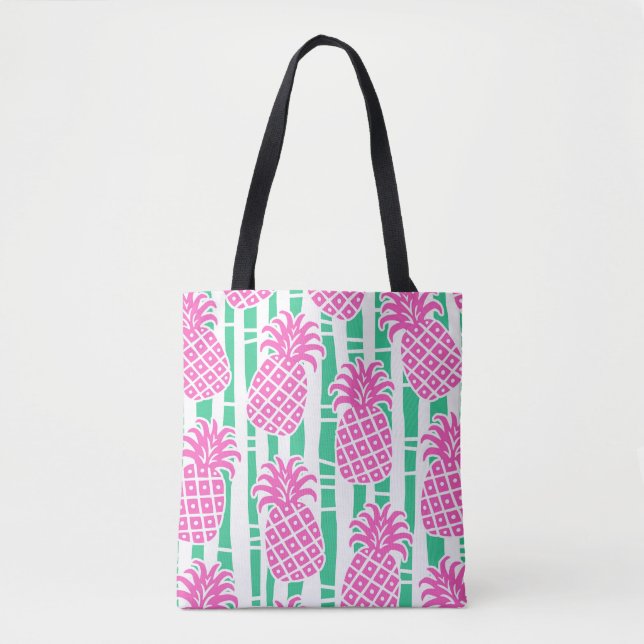 Tote Bag Ananas Bambou rayures rose et Motif vert (Devant)