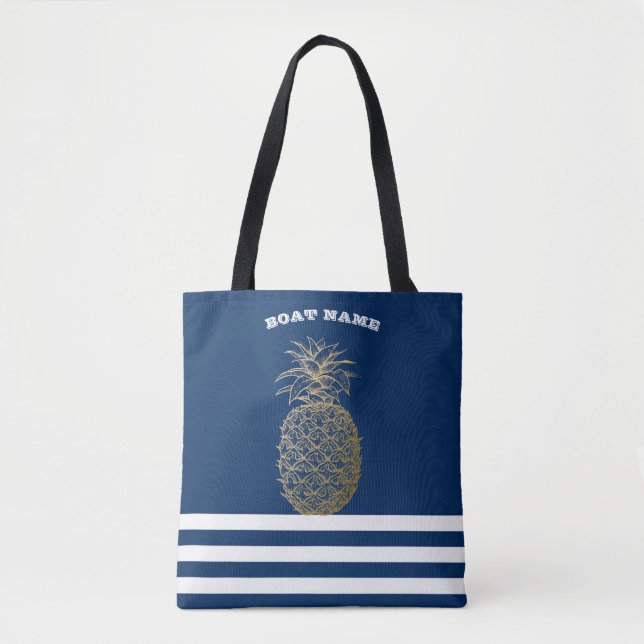 Tote Bag Ananas d'or Marine marine Bleu rayé (Devant)