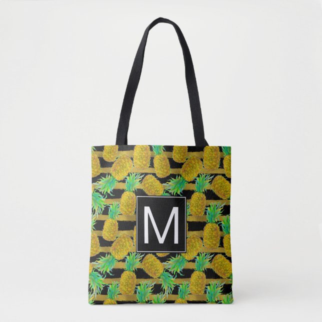 Tote Bag Ananas d'or sur le monogramme des rayures | (Devant)