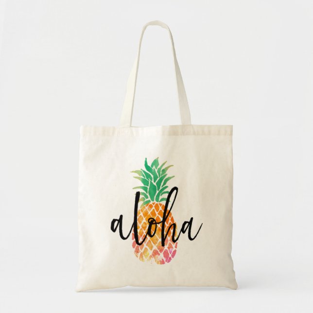 Tote Bag ananas en aloha tropical à l'aquarelle lettrée à l (Devant)