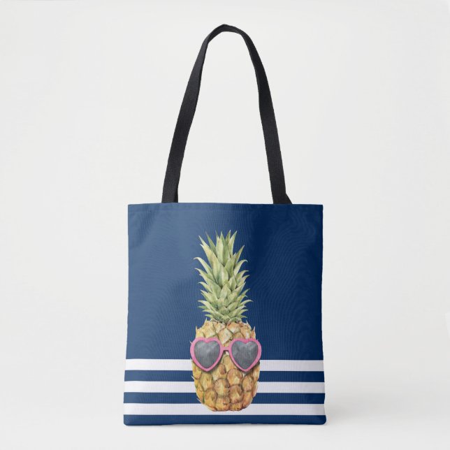 Tote Bag Ananas Frais Marin Bleu Nuit Rayé  (Devant)