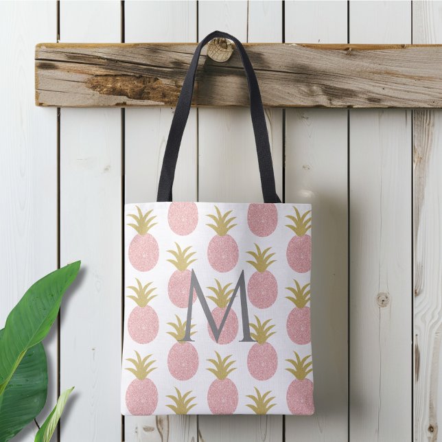 Tote Bag Ananas Parties scintillant rose Monogramme (Créateur téléchargé)