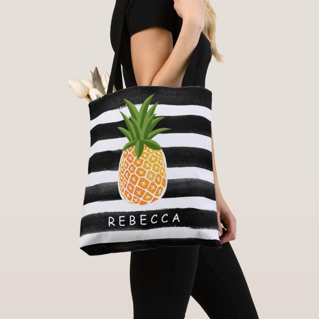 Tote Bag Ananas Tropical à la mode Noir Blancs (De près)