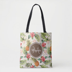 Tote Bag Ananas tropicale exotique Floral Monogramme Brown