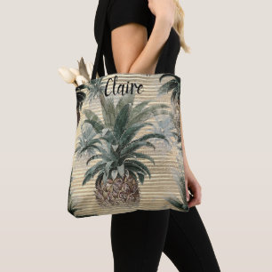 Tote Bag Ananas vintage sur huile d'or rayé