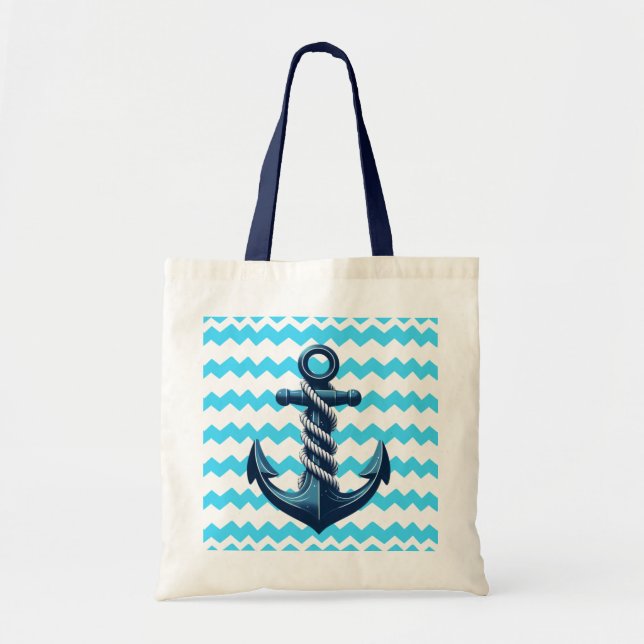 Tote Bag Ancrage bleu avec vagues bleues (Devant)