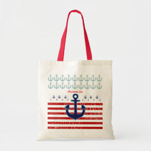Tote Bag ancre avec rayures rouges, nautique & personnalisé