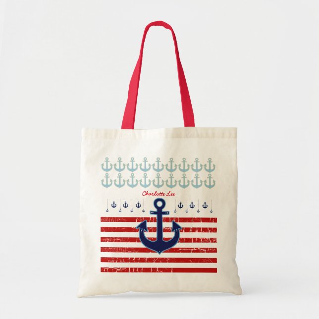 Tote Bag ancre avec rayures rouges, nautique & personnalisé (Devant)