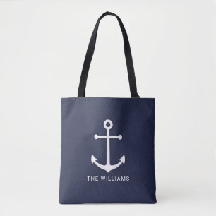 Tote Bag Ancre blanche marine et nom personnalisé sur bleu