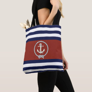 Tote Bag Ancre blanche marine/noeud marine/bande rouge/bleu