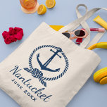 Tote Bag Ancre Bleue Marine Nautique Lieu de mariage person<br><div class="desc">Le sac fourre-tout nautique dispose d'une ancre marine bleue avec un cadre décoratif de noeud de corde et de texte personnalisé qui peut être personnalisé pour vos vacances ou événements spéciaux.</div>