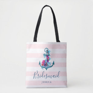 Tote Bag Ancre d'aquarelle de rayures roses nautiques