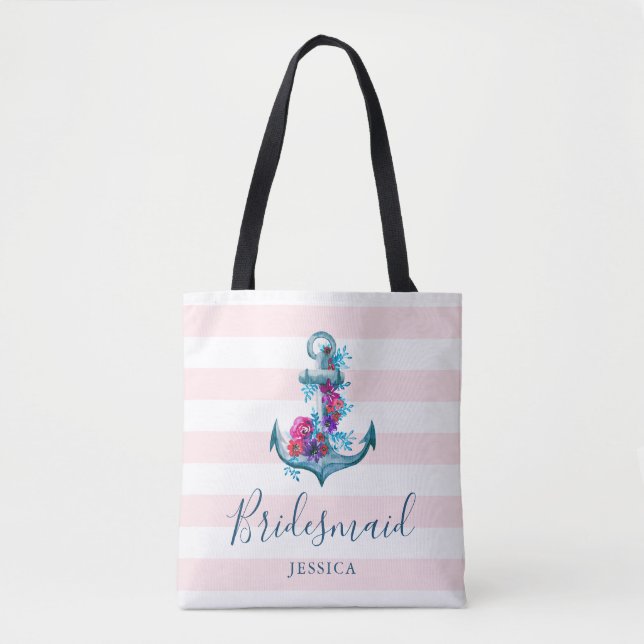 Tote Bag Ancre d'aquarelle de rayures roses nautiques (Devant)