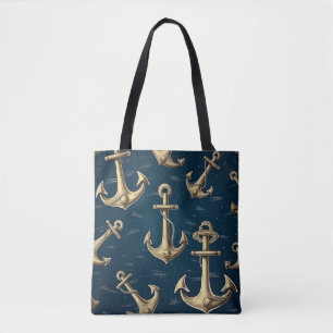 Tote Bag Ancre dorée bleu foncé moderne Motif sans couture