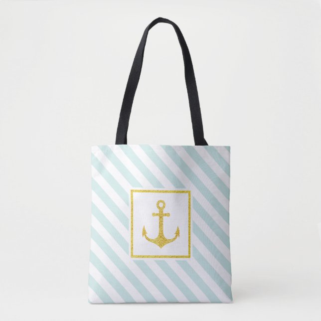 Tote Bag Ancre dorée Bleu Mint Blancs (Devant)