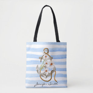 Tote Bag ancre et bouquet de marguerite blanche sur bande b