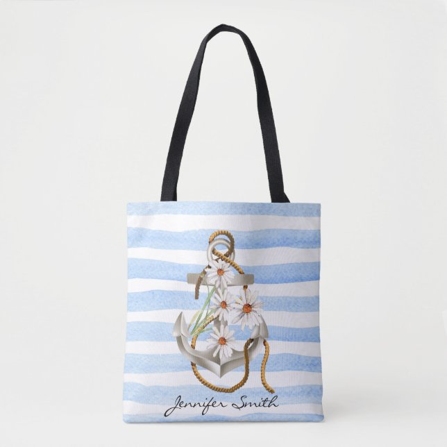 Tote Bag ancre et bouquet de marguerite blanche sur bande b (Devant)