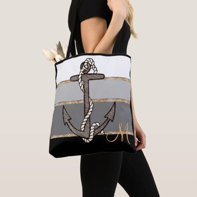 Tote Bag Ancre et corde nautiques (gradient noir/monogramme (De près)
