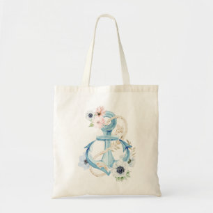Tote Bag Ancre florale marine bleu rose pâle