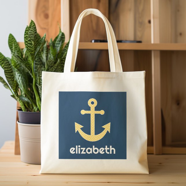 Tote Bag Ancre nautique avec Motif de Navy Jaune Chevron (Personalized tote bag - cute anchor with name)
