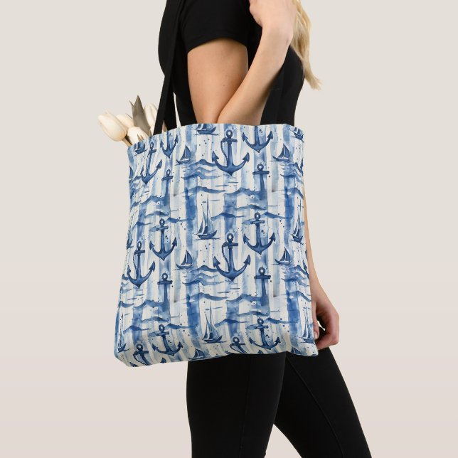 Tote Bag Ancre nautique bleue et blanche  (De près)