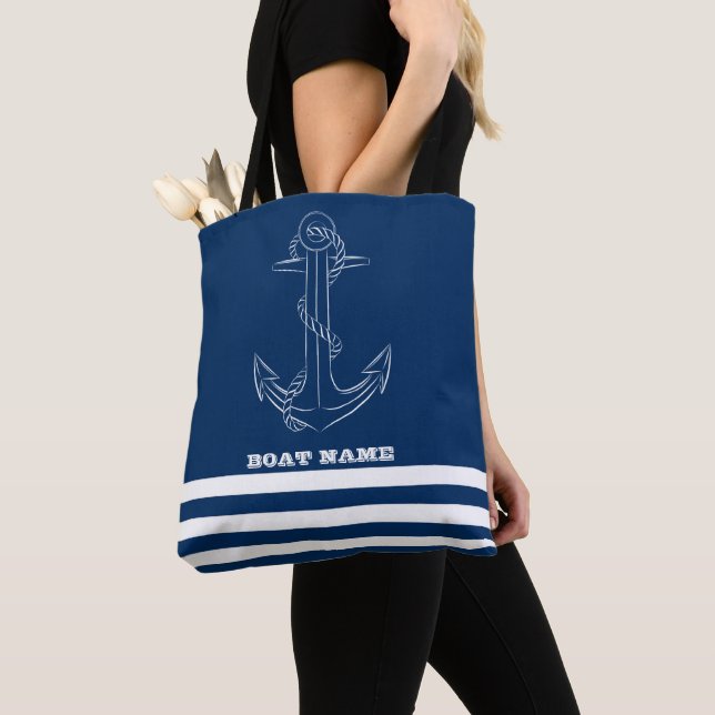 Tote Bag Ancre nautique Marine Bleu rayé (De près)